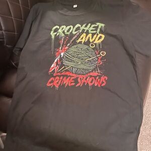 Black Graphic Tee with Crochet and Crime Shows Design Sz small